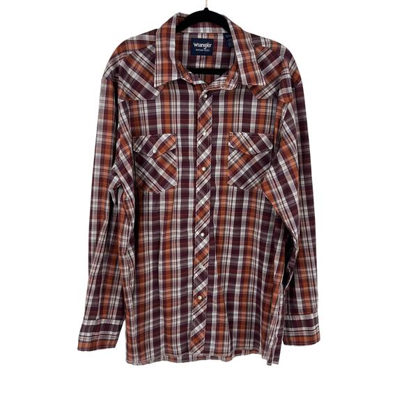 Vintage Wrangler Orange Plaid Button Up Pearl Snap Long Sleeve Western Men XXL - Picture 1 of 11